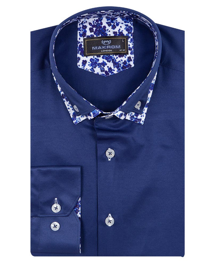 Dark Blue Floral Double Collar Men's Shirt-Makrom