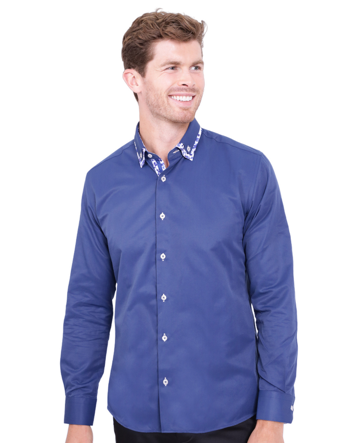 Dark Blue Floral Double Collar Men's Shirt-Makrom