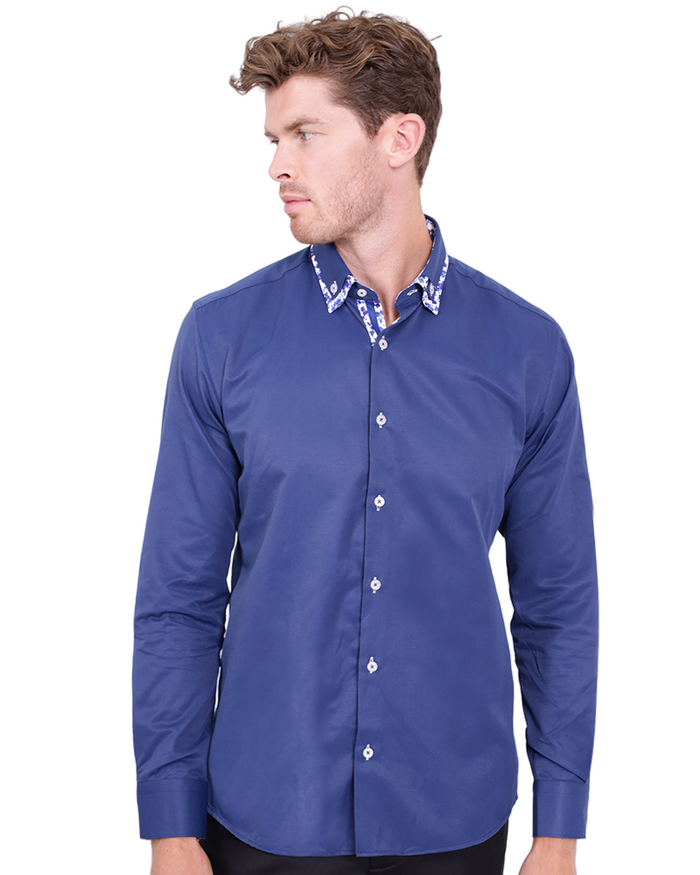 Dark Blue Floral Double Collar Men's Shirt-Makrom