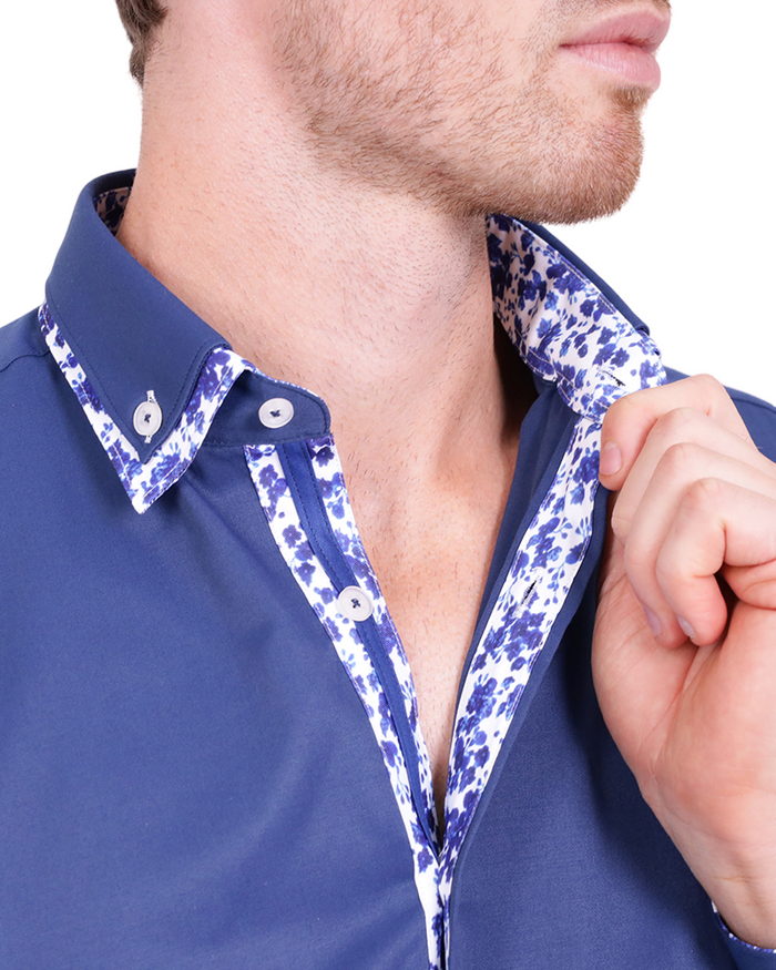 Dark Blue Floral Double Collar Men's Shirt-Makrom