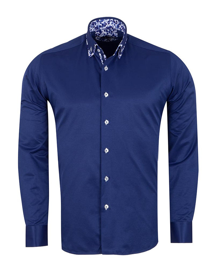 Dark Blue Floral Double Collar Men's Shirt-Makrom