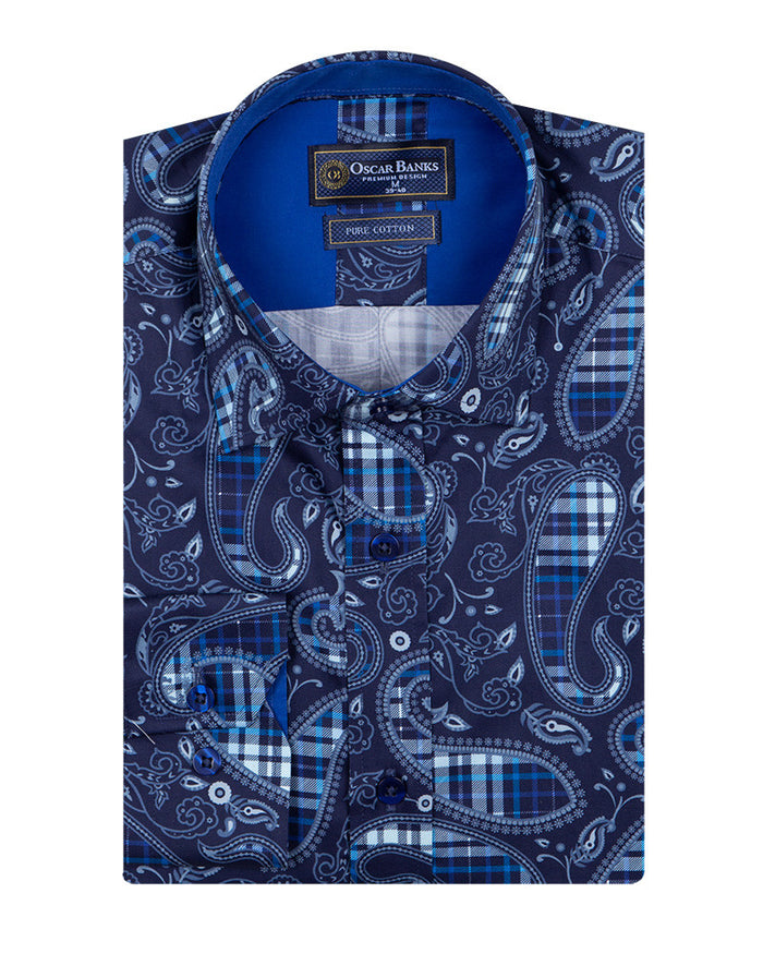 Dark Blue Tartan Paisley Cotton Shirts For Men-Makrom