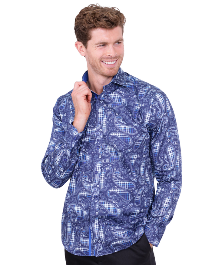 Dark Blue Tartan Paisley Cotton Shirts For Men-Makrom