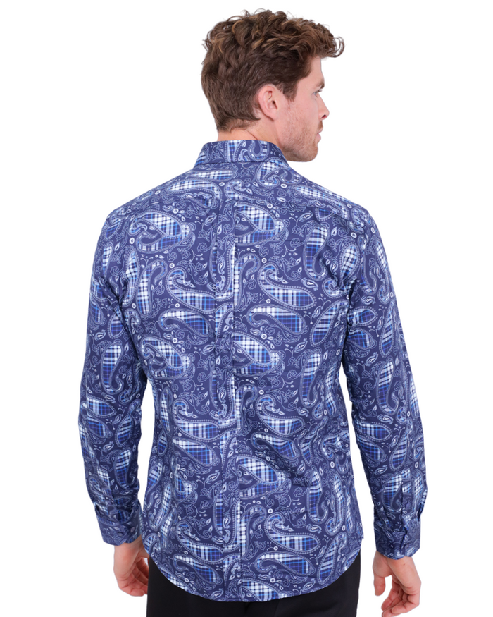Dark Blue Tartan Paisley Cotton Shirts For Men-Makrom