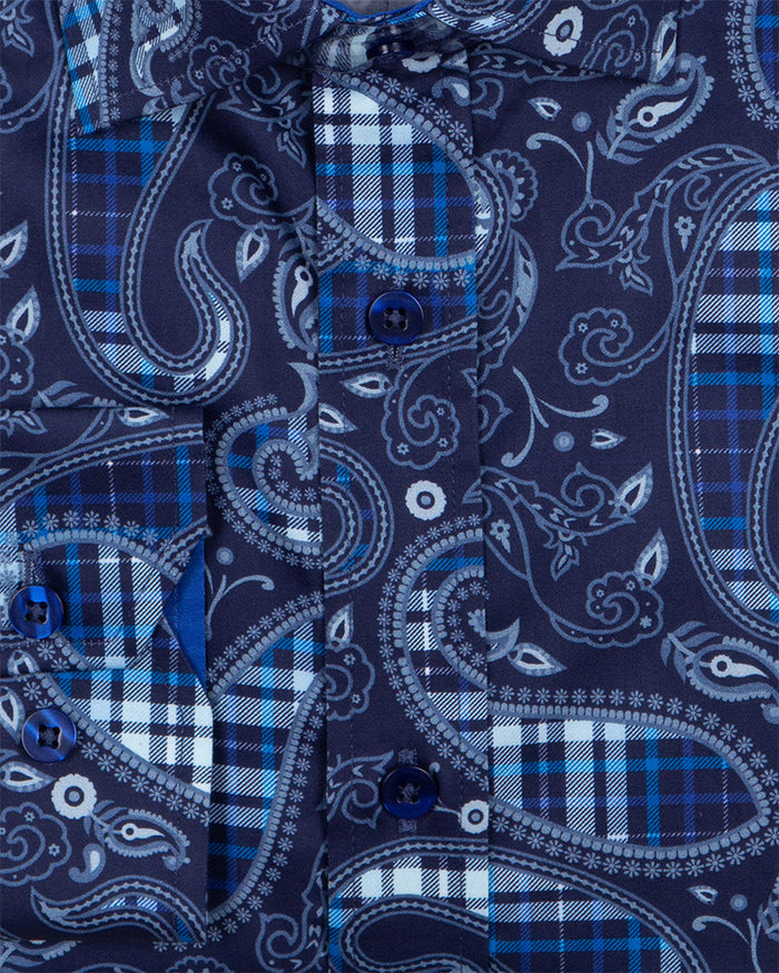 Dark Blue Tartan Paisley Cotton Shirts For Men-Makrom
