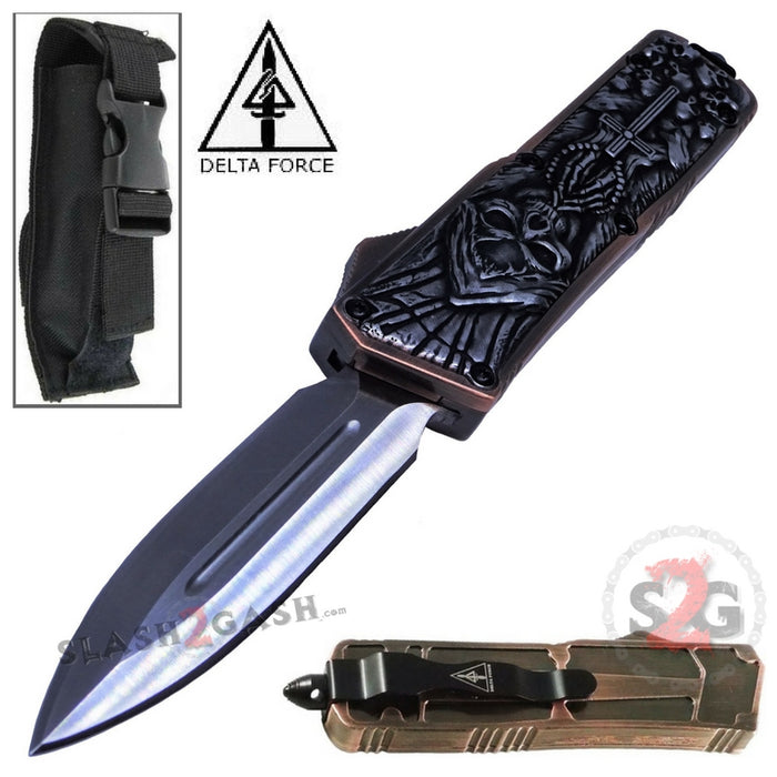 Delta Force Reaper Grey Skull D/A OTF Automatic Knife 440c Double Edge Plain Silver
