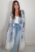 Blue floral patch sequin duster jacket with an embellished upper and sheer longline tulle body.
