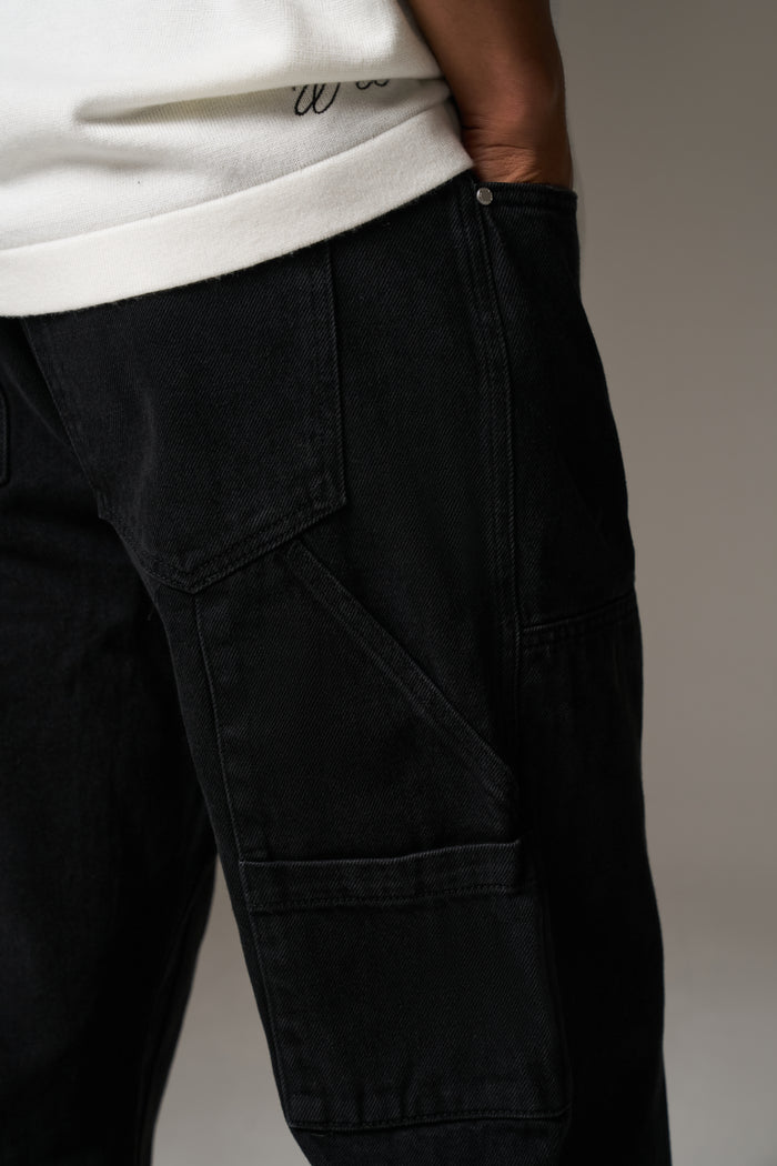 DENIM RIVET DETAIL CARPENTER JEANS - BLACK WASH