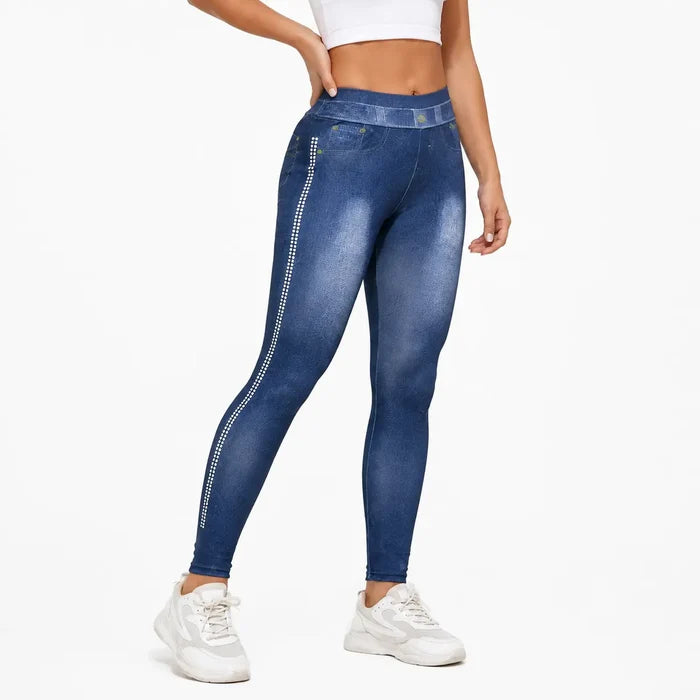 Dotted Side Detail denim-look leggings for women, front studio product view on white background.