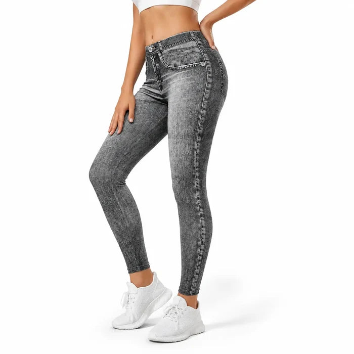 Denim Gray yoga leggings for women, studio product view showing the gray denim-like print and fitted silhouette.
