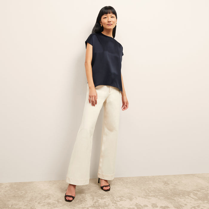 Front image of a woman wearing the Didion Top in Galaxy Blue | Lead