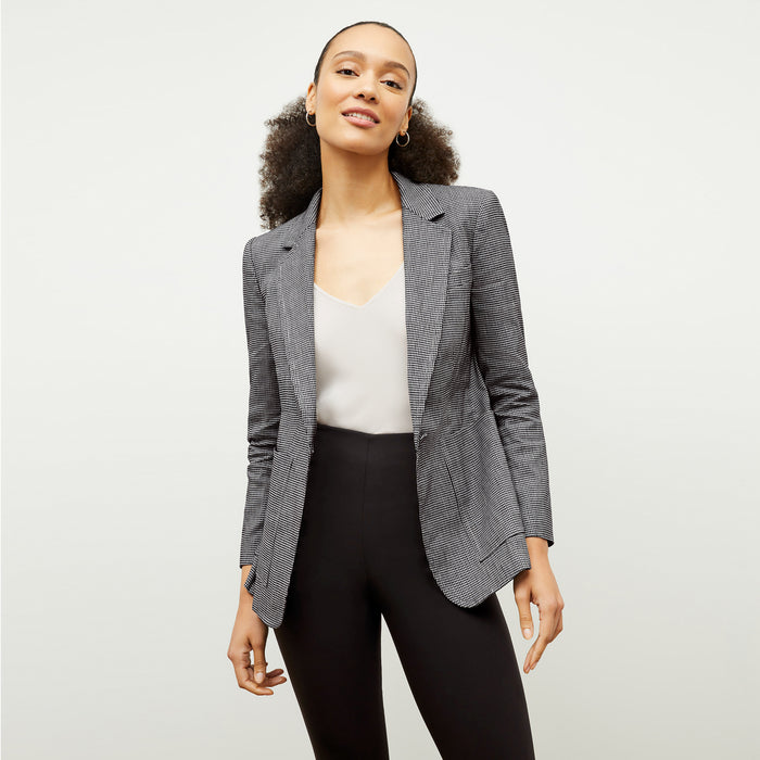 front image of a woman wearing the dolly jacket in gingham linen | Lead