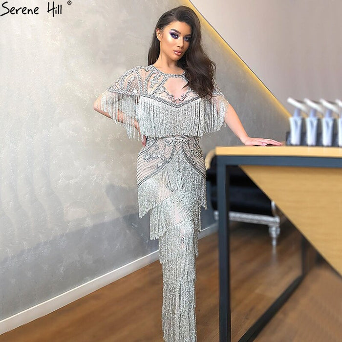 Dubai Grey Luxury Beading Tassel Evening Dresses 2025 Mermaid Short Sleeves Formal Dress Serene Hill LA70275 - SERENE HILL