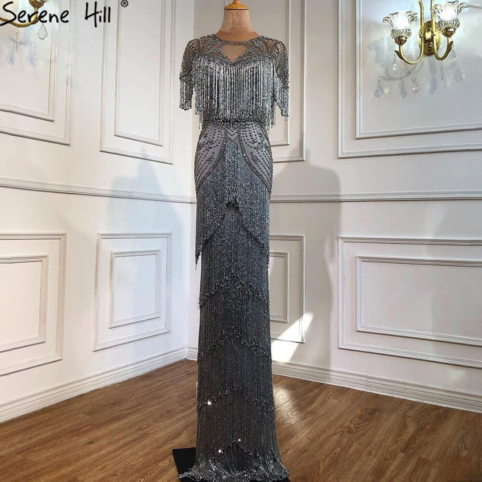 Dubai Grey Luxury Beading Tassel Evening Dresses 2025 Mermaid Short Sleeves Formal Dress Serene Hill LA70275 - SERENE HILL