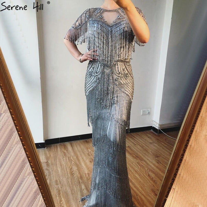 Dubai Grey Luxury Beading Tassel Evening Dresses 2025 Mermaid Short Sleeves Formal Dress Serene Hill LA70275 - SERENE HILL