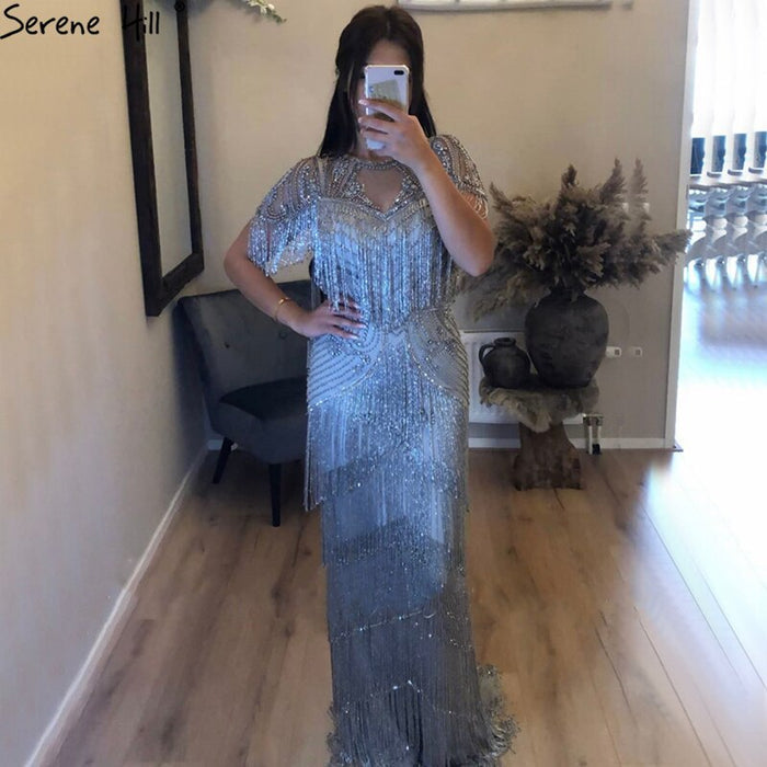 Dubai Grey Luxury Beading Tassel Evening Dresses 2025 Mermaid Short Sleeves Formal Dress Serene Hill LA70275 - SERENE HILL