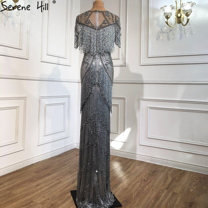Dubai Grey Luxury Beading Tassel Evening Dresses 2025 Mermaid Short Sleeves Formal Dress Serene Hill LA70275 - SERENE HILL