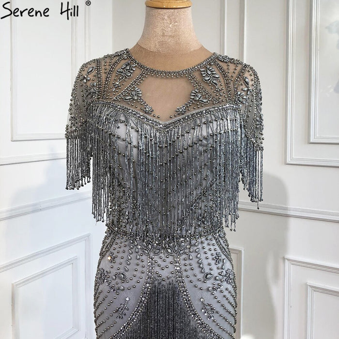 Dubai Grey Luxury Beading Tassel Evening Dresses 2025 Mermaid Short Sleeves Formal Dress Serene Hill LA70275 - SERENE HILL