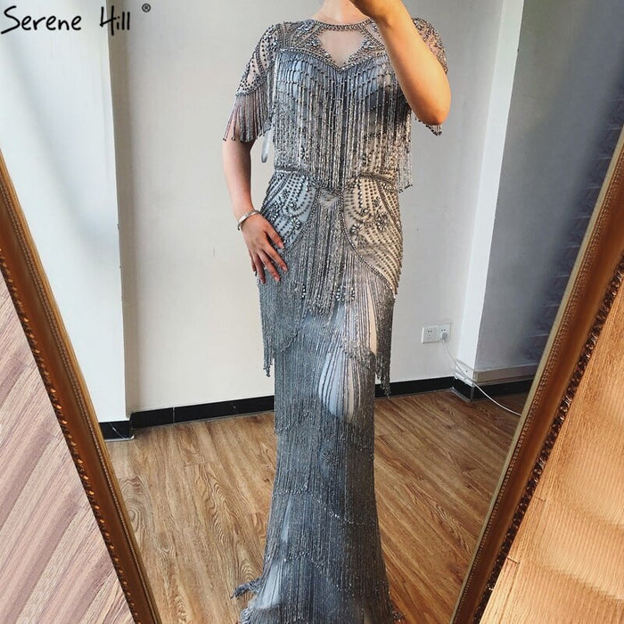 Dubai Grey Luxury Beading Tassel Evening Dresses 2025 Mermaid Short Sleeves Formal Dress Serene Hill LA70275 - SERENE HILL