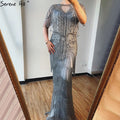 Dubai Grey Luxury Beading Tassel Evening Dresses 2025 Mermaid Short Sleeves Formal Dress Serene Hill LA70275 - SERENE HILL