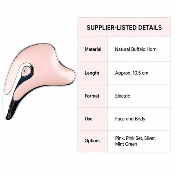 Supplier-listed product details for the pink massage tool including material, length, electric format, use areas and options.