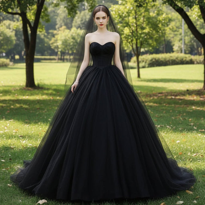 Elegant Ball Gown Sweetheart Black Wedding Dress Tulle Bridal Gown - Rosymae