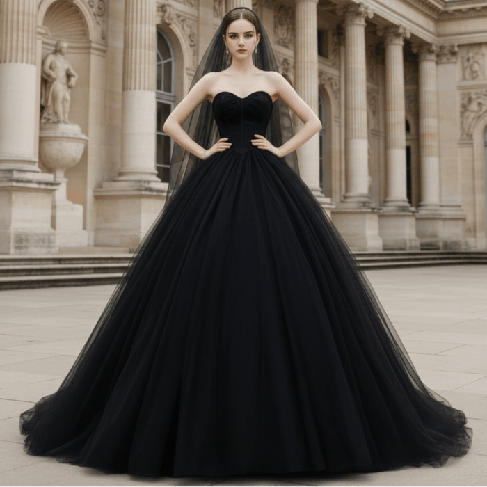 Elegant Ball Gown Sweetheart Black Wedding Dress Tulle Bridal Gown - Rosymae