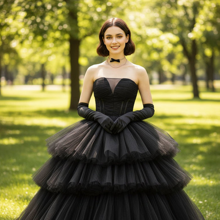 Elegant Black Bridal Gowns in Wedding Layers Tulle Skirt - Rosymae