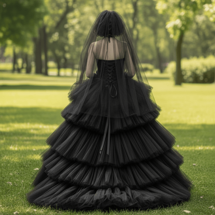 Elegant Black Bridal Gowns in Wedding Layers Tulle Skirt - Rosymae