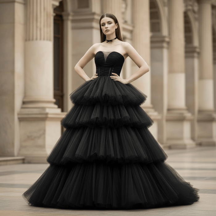 Elegant Black Bridal Gowns in Wedding Layers Tulle Skirt - Rosymae
