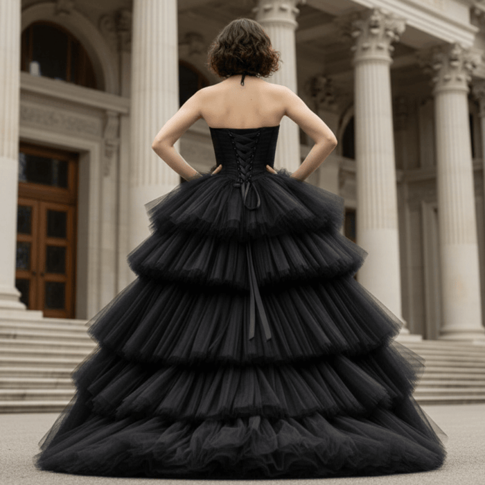 Elegant Black Bridal Gowns in Wedding Layers Tulle Skirt - Rosymae