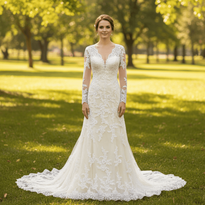Elegant Cream Long Sleeve A Line V-Neck Lace Wedding Dresses - Rosymae