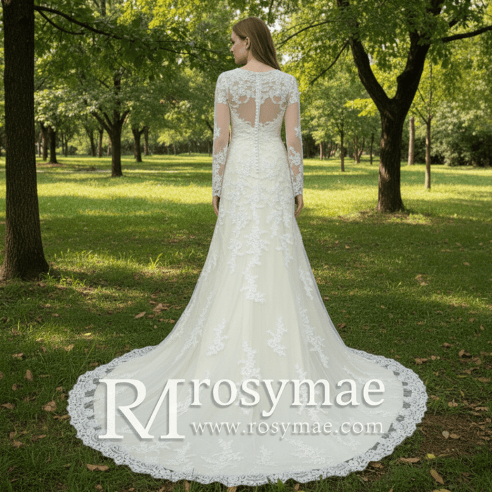 Elegant Cream Long Sleeve A Line V-Neck Lace Wedding Dresses - Rosymae