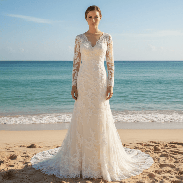 Elegant Cream Long Sleeve A Line V-Neck Lace Wedding Dresses - Rosymae