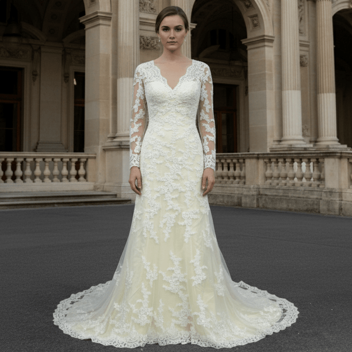 Elegant Cream Long Sleeve A Line V-Neck Lace Wedding Dresses - Rosymae