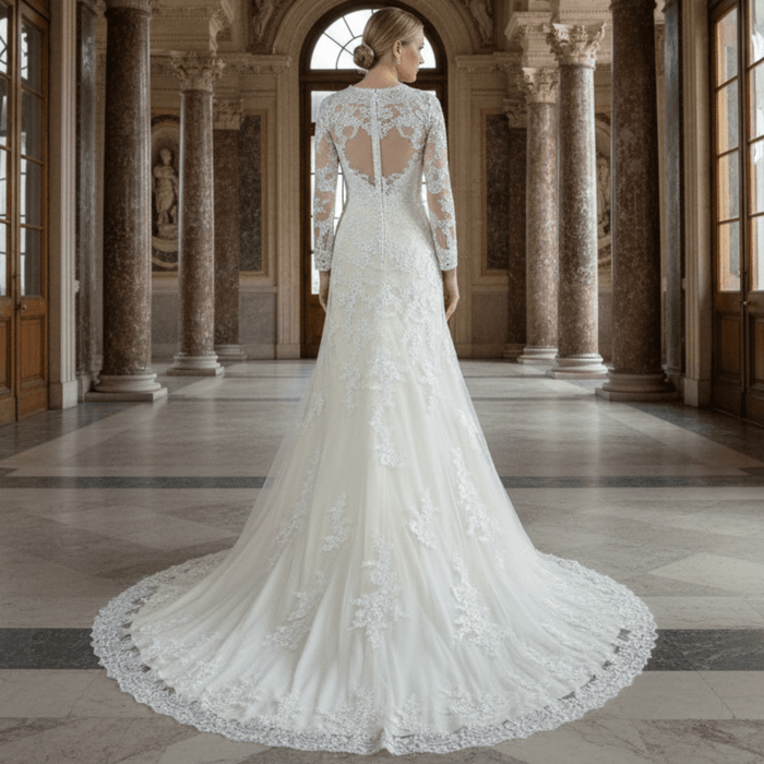 Elegant Cream Long Sleeve A Line V-Neck Lace Wedding Dresses - Rosymae