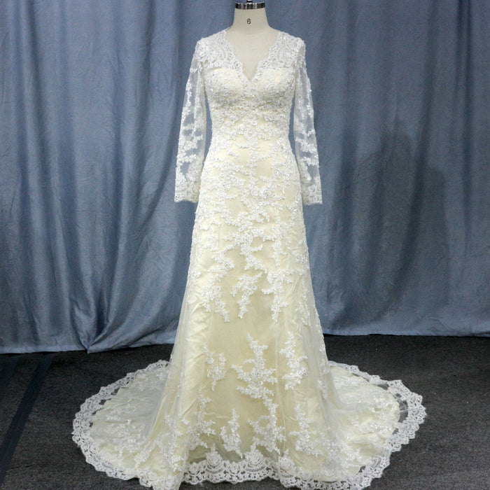 Elegant Cream Long Sleeve A Line V-Neck Lace Wedding Dresses - Rosymae