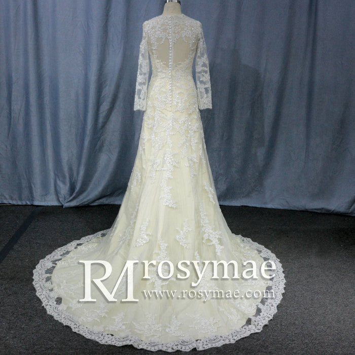 Elegant Cream Long Sleeve A Line V-Neck Lace Wedding Dresses - Rosymae