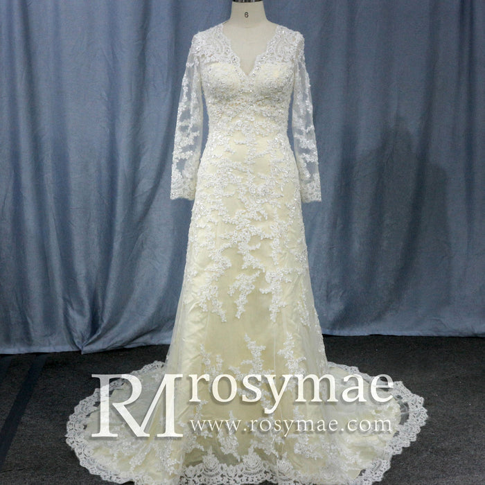 Elegant Cream Long Sleeve A Line V-Neck Lace Wedding Dresses - Rosymae