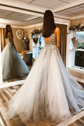 Elegant Grey Long Prom Dress with Silver Appliques
