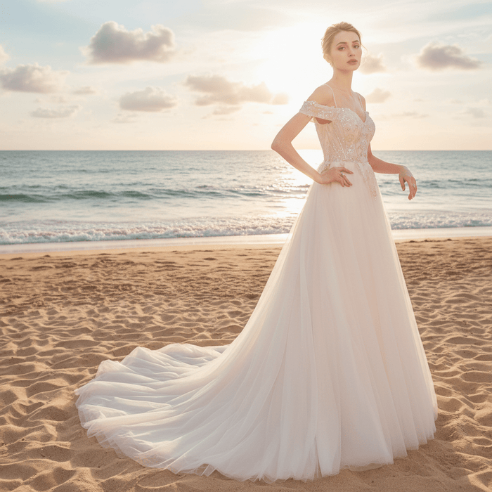 Elegant Off the Shoulder A Line Wedding Dresses with Sweetheart - Rosymae