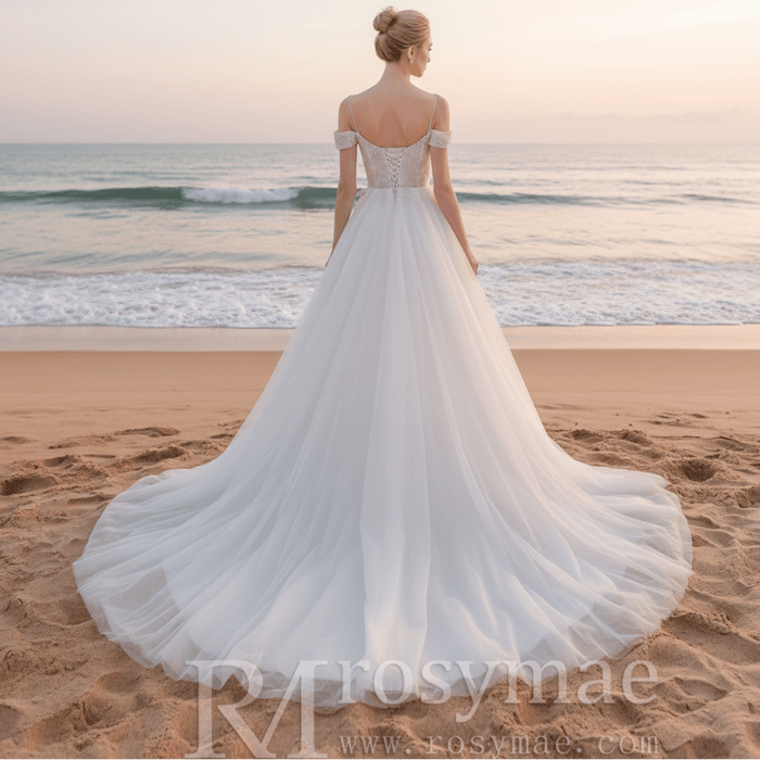 Elegant Off the Shoulder A Line Wedding Dresses with Sweetheart - Rosymae
