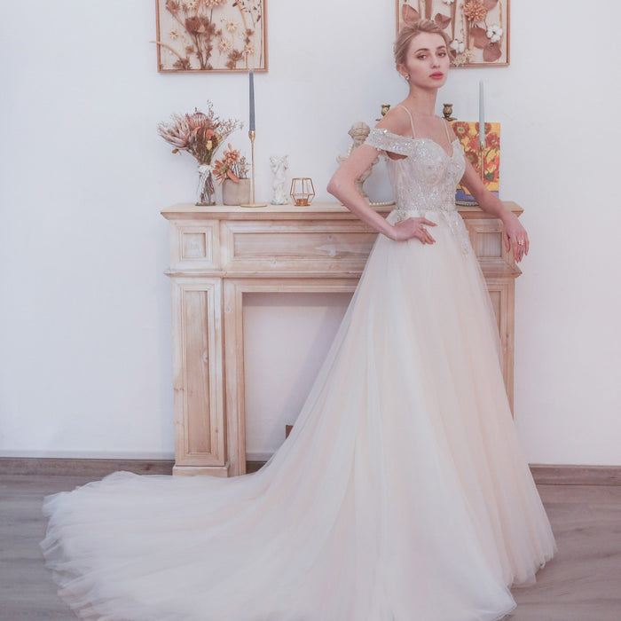 Elegant Off the Shoulder A Line Wedding Dresses with Sweetheart - Rosymae