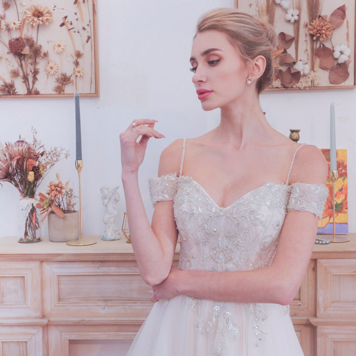 Elegant Off the Shoulder A Line Wedding Dresses with Sweetheart - Rosymae