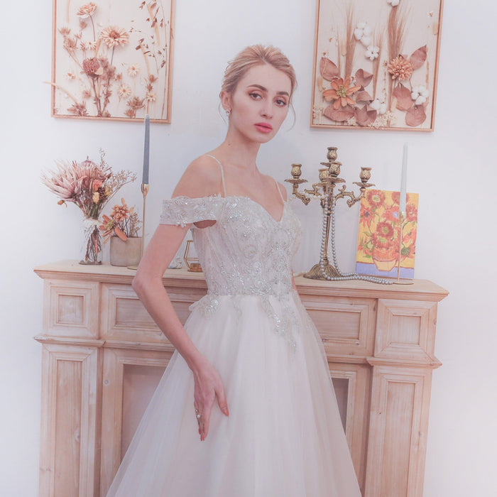 Elegant Off the Shoulder A Line Wedding Dresses with Sweetheart - Rosymae