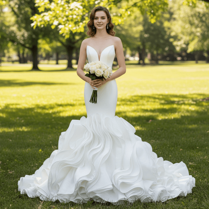 Elegant Strapless Satin Mermaid Wedding Dress with Layered - Rosymae