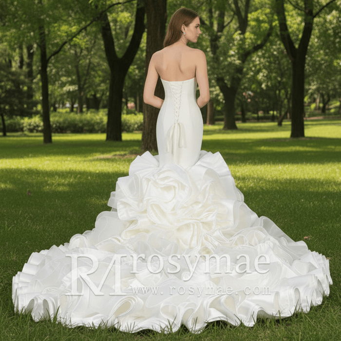 Elegant Strapless Satin Mermaid Wedding Dress with Layered - Rosymae
