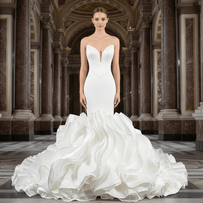 Elegant Strapless Satin Mermaid Wedding Dress with Layered - Rosymae