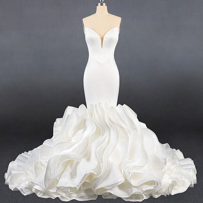Elegant Strapless Satin Mermaid Wedding Dress with Layered - Rosymae