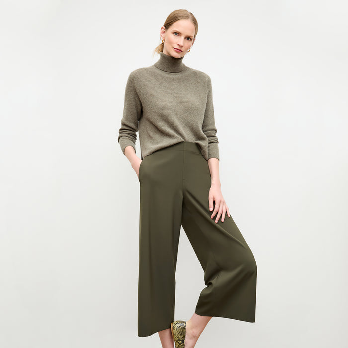 front image of a woman wearing the elena pant in olive | Lead
